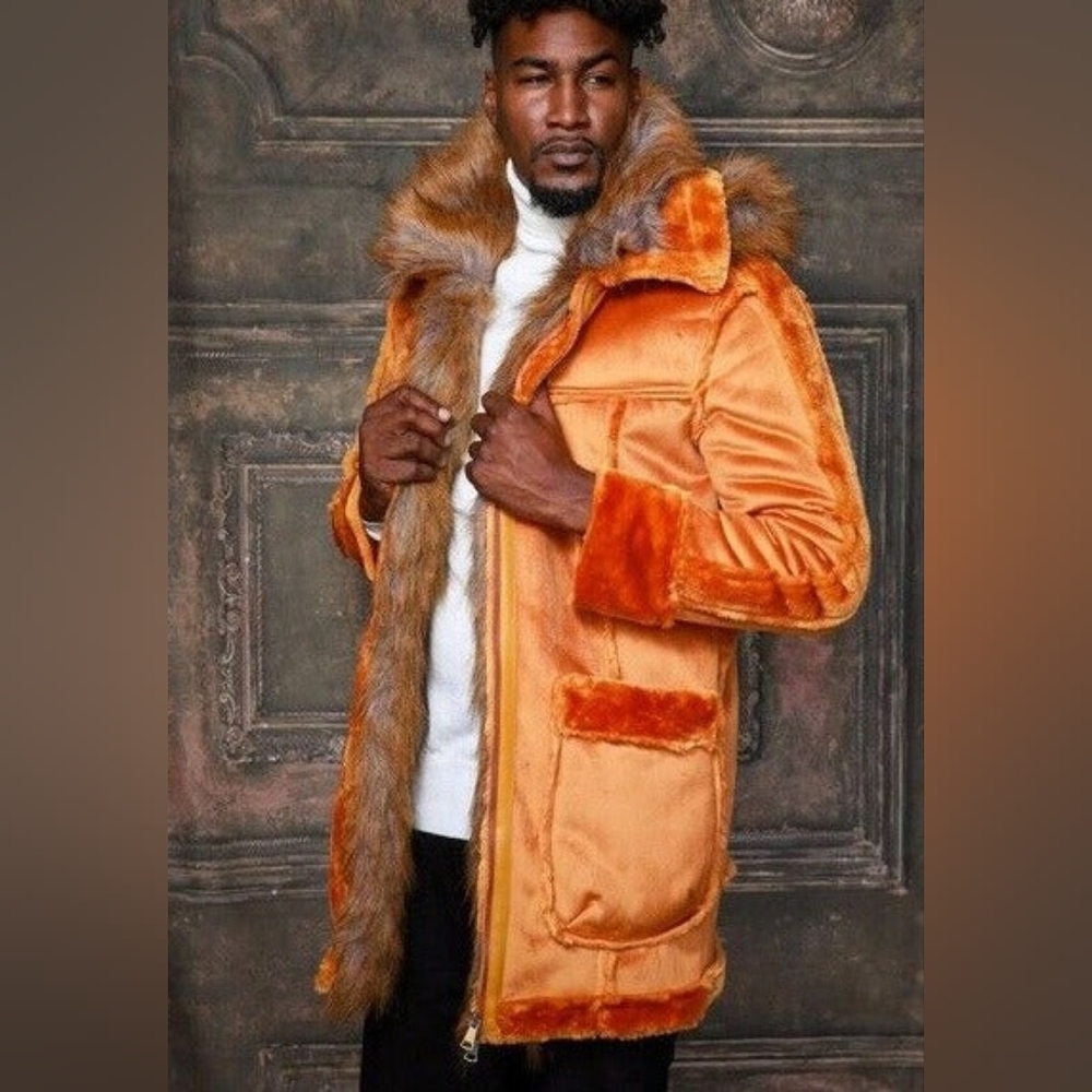 Men's Manzini Cognac Hooded Faux Fur Coat NWT